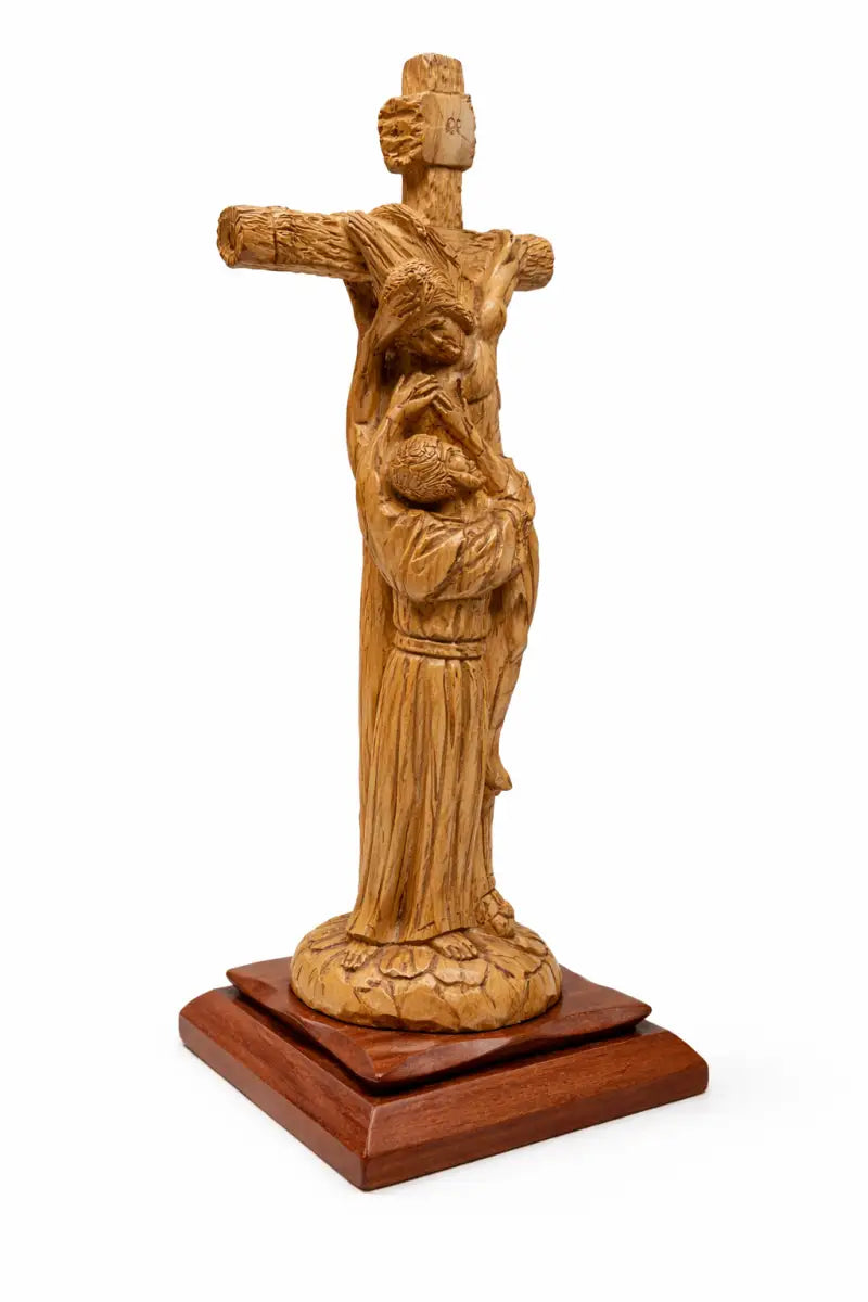 Hand-carved olive wood crucifix with saint figure from bethlehem – jesus on the cross large holy land christian
