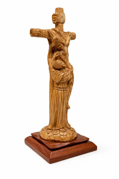 Hand-carved olive wood crucifix with saint figure from bethlehem – jesus on the cross large holy land christian