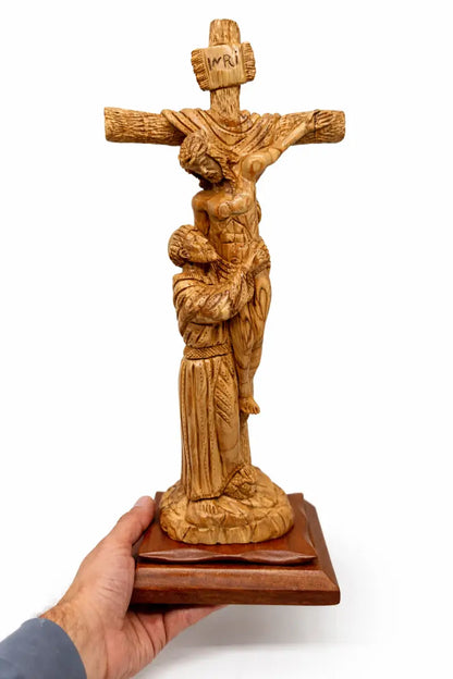 Hand-carved olive wood crucifix with saint figure from bethlehem – jesus on the cross large holy land christian