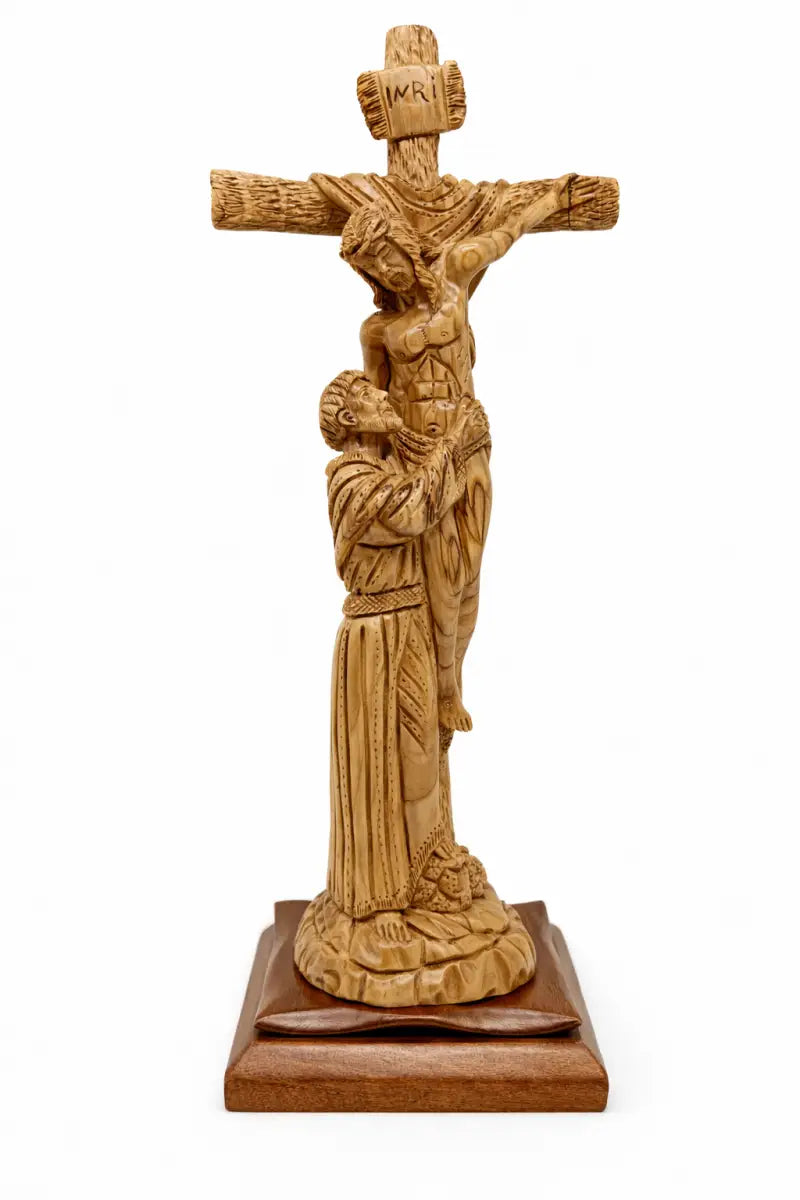 Hand-carved olive wood crucifix with saint figure from bethlehem – jesus on the cross large holy land christian