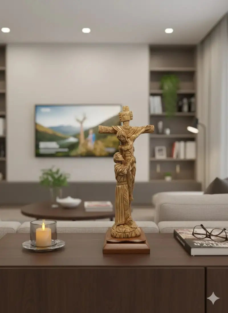 Hand-carved olive wood crucifix with saint figure from bethlehem – jesus on the cross large holy land christian