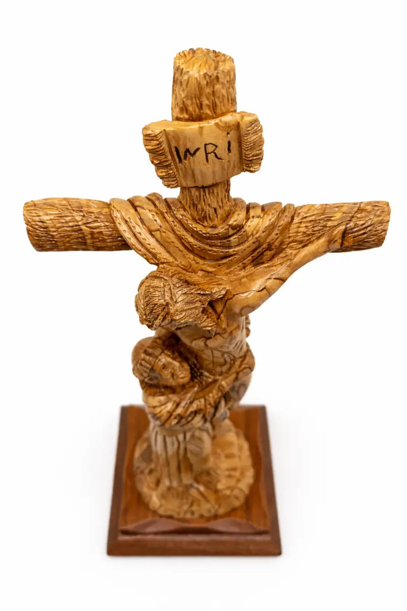Hand-carved olive wood crucifix with saint figure from bethlehem – jesus on the cross large holy land christian