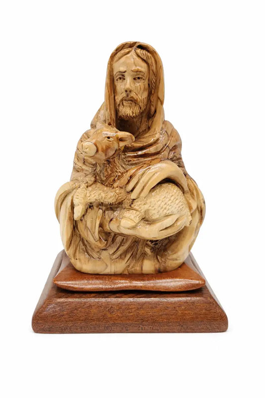 Hand carved olive wood good shepherd statue 8.3” | handmade bethlehem holy land christian sculpture - figures
