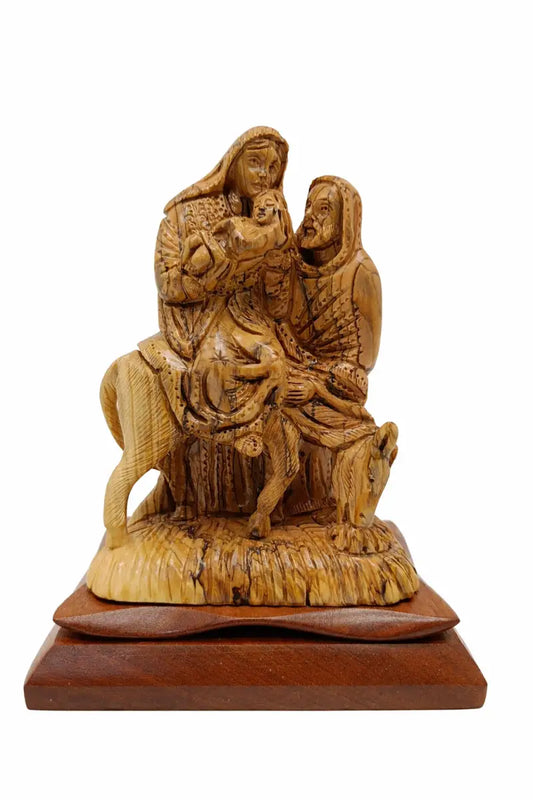 Hand carved olive wood holy family flight to egypt statue 9.4” | handmade bethlehem land sculpture - figures