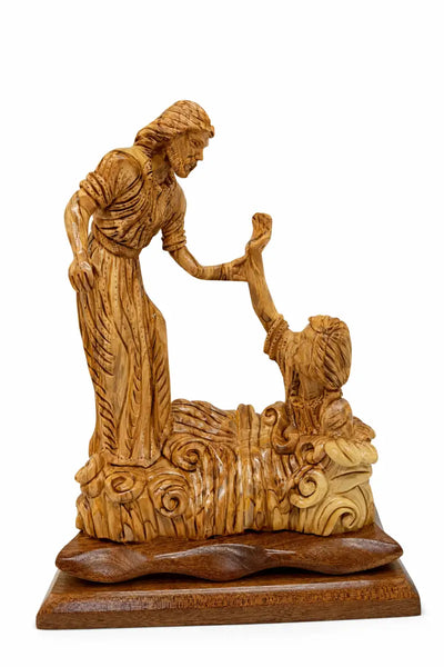 Hand carved olive wood jesus saves peter statue | handmade in bethlehem holy land - figures