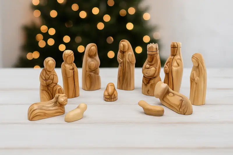 Hand-carved olive wood nativity figurine set – 12-piece holy family christmas scene - nativities