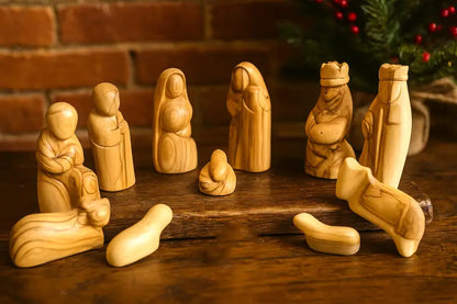 Hand-carved olive wood nativity figurine set – 12-piece holy family christmas scene - nativities