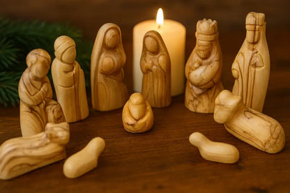 Hand-carved olive wood nativity figurine set – 12-piece holy family christmas scene - nativities