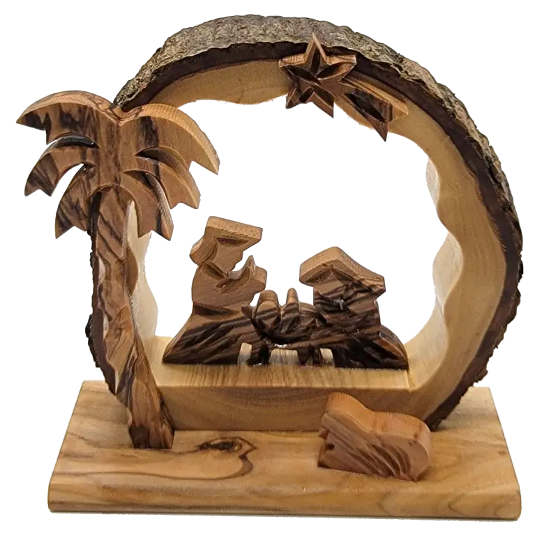Hand-carved olive wood nativity scene with bark edge – holy family under arch palm tree (bethlehem made) - nativities