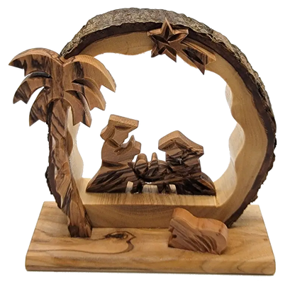Hand-carved olive wood nativity scene with bark edge – holy family under arch palm tree (bethlehem made) - nativities