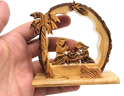 Hand-carved olive wood nativity scene with bark edge – holy family under arch palm tree (bethlehem made) - nativities