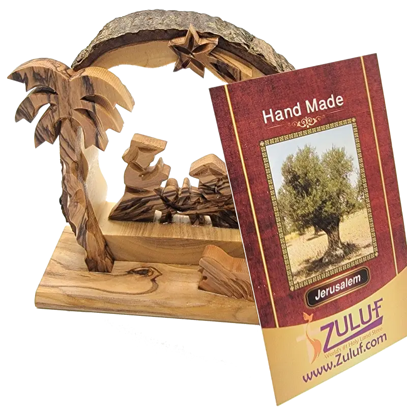 Hand-carved olive wood nativity scene with bark edge – holy family under arch palm tree (bethlehem made) - nativities