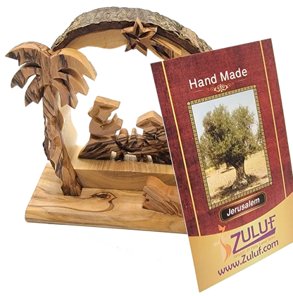 Hand-carved olive wood nativity scene with bark edge – holy family under arch palm tree (bethlehem made) - nativities