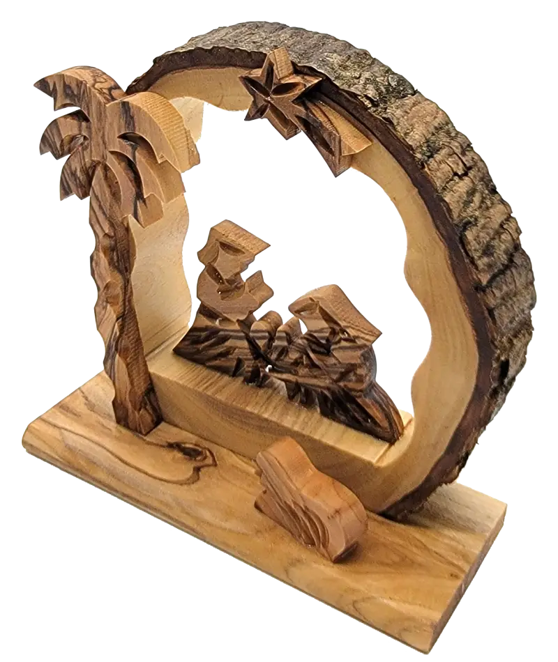 Hand-carved olive wood nativity scene with bark edge – holy family under arch palm tree (bethlehem made) - nativities