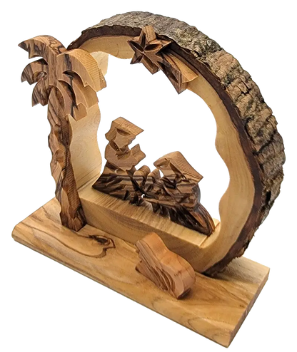 Hand-carved olive wood nativity scene with bark edge – holy family under arch palm tree (bethlehem made) - nativities