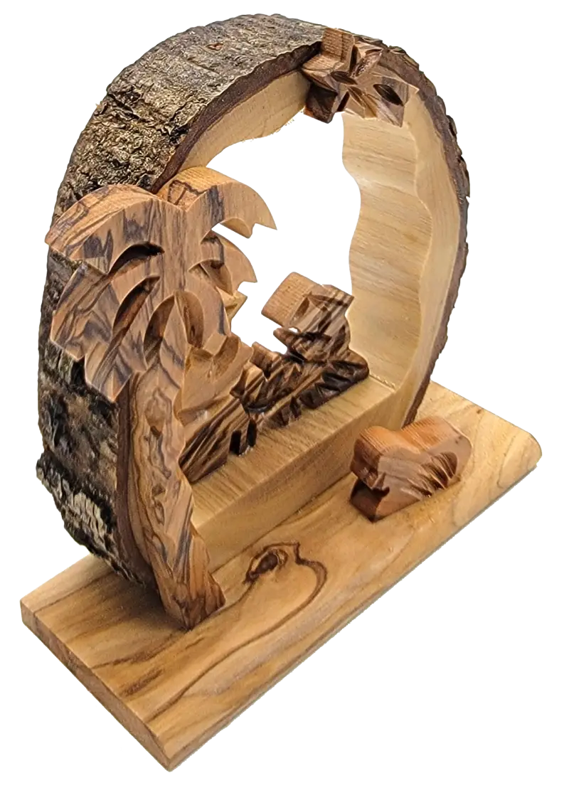 Hand-carved olive wood nativity scene with bark edge – holy family under arch palm tree (bethlehem made) - nativities