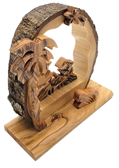 Hand-carved olive wood nativity scene with bark edge – holy family under arch palm tree (bethlehem made) - nativities