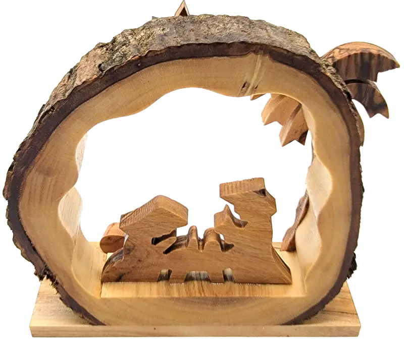 Hand-carved olive wood nativity scene with bark edge – holy family under arch palm tree (bethlehem made) - nativities