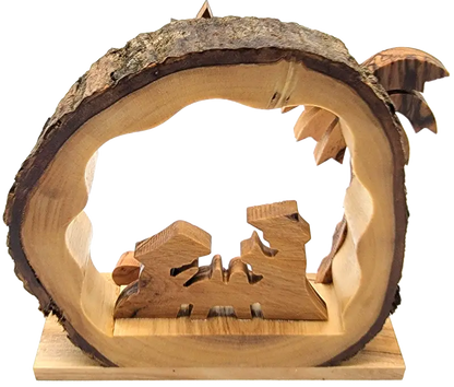 Hand-carved olive wood nativity scene with bark edge – holy family under arch palm tree (bethlehem made) - nativities