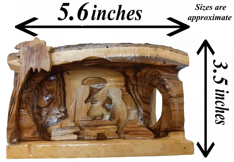 Hand carved olive wood nativity scene from bethlehem – rustic holy family in natural bark grotto - nativities