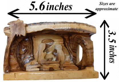 Hand carved olive wood nativity scene from bethlehem – rustic holy family in natural bark grotto - nativities