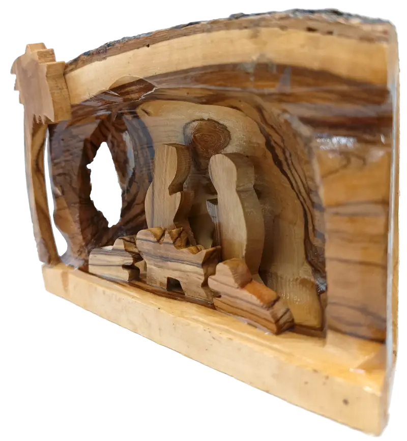 Hand carved olive wood nativity scene from bethlehem – rustic holy family in natural bark grotto - nativities