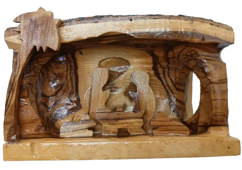 Hand carved olive wood nativity scene from bethlehem – rustic holy family in natural bark grotto - nativities