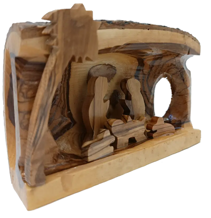 Hand carved olive wood nativity scene from bethlehem – rustic holy family in natural bark grotto - nativities