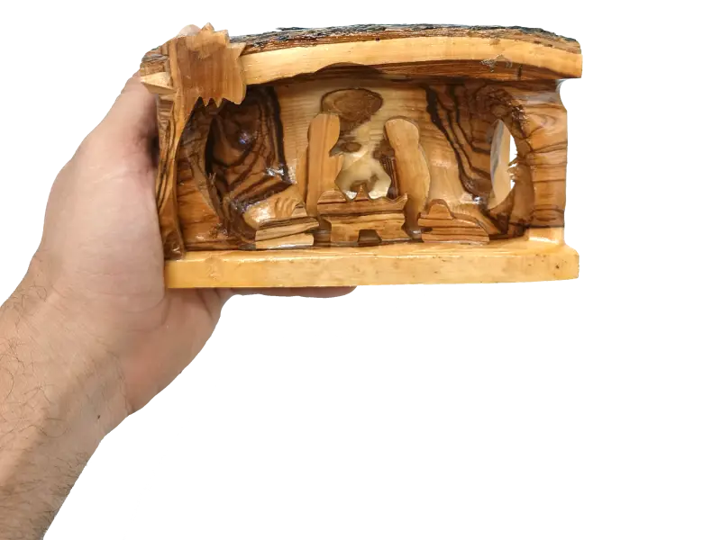 Hand carved olive wood nativity scene from bethlehem – rustic holy family in natural bark grotto - nativities