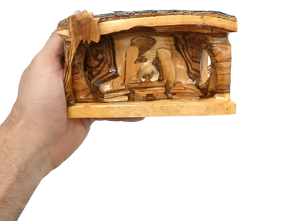 Hand carved olive wood nativity scene from bethlehem – rustic holy family in natural bark grotto - nativities
