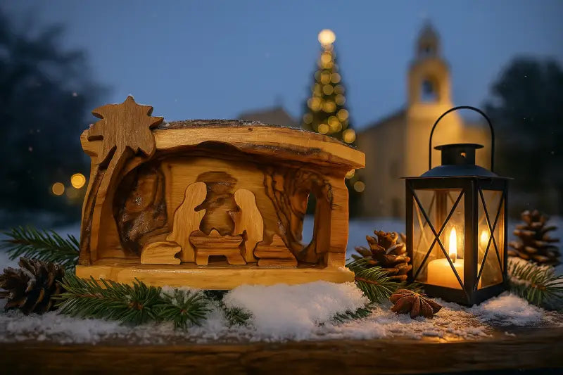 Hand carved olive wood nativity scene from bethlehem – rustic holy family in natural bark grotto - nativities