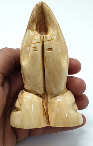 "Hand-Carved Olive Wood Praying Hands Statue - Jesus Hands from Bethlehem, Holy Land - 4.3 Inches - Zuluf