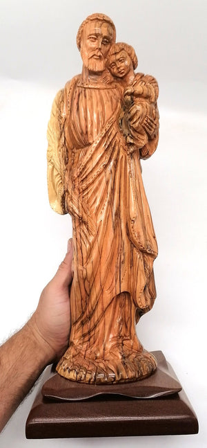 Hand - Carved Olive Wood Saint Joseph with Baby Jesus Statue - High - Quality Religious Art from Bethlehem | Ideal for Home Decor, Church Display, and Gift | 16.2X6.3X6.1" - Zuluf