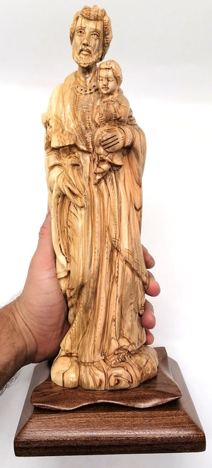 Hand - Carved Olive Wood Saint Joseph with Baby Jesus Statue on a Sturdy Base – Made in Bethlehem | High - Quality Religious Decor & Gift 13X5.8X5.1" - Zuluf