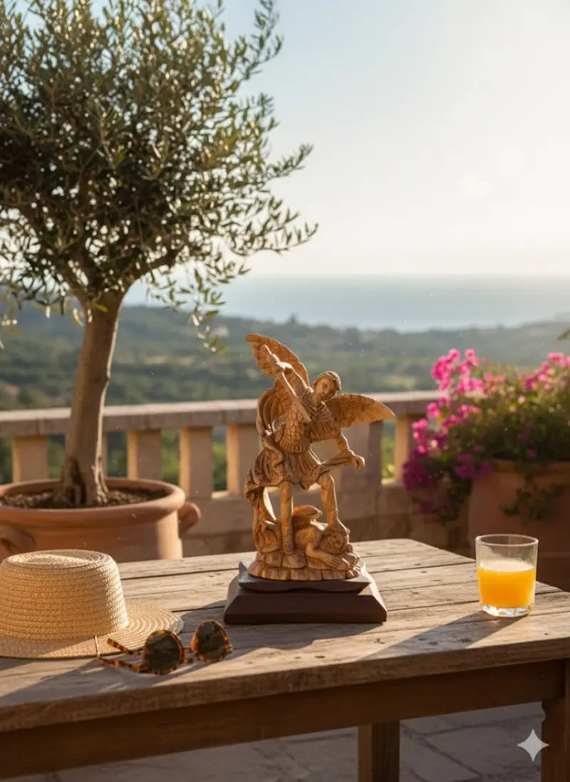 Hand carved olive wood st. Michael the archangel statue 11” | handmade bethlehem holy land christian sculpture - figures