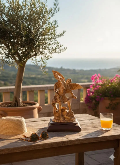 Hand carved olive wood st. Michael the archangel statue 11” | handmade bethlehem holy land christian sculpture - figures