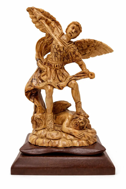 Hand carved olive wood st. Michael the archangel statue 11” | handmade bethlehem holy land christian sculpture - figures