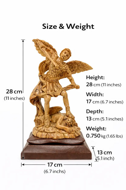 Hand carved olive wood st. Michael the archangel statue 11” | handmade bethlehem holy land christian sculpture - figures