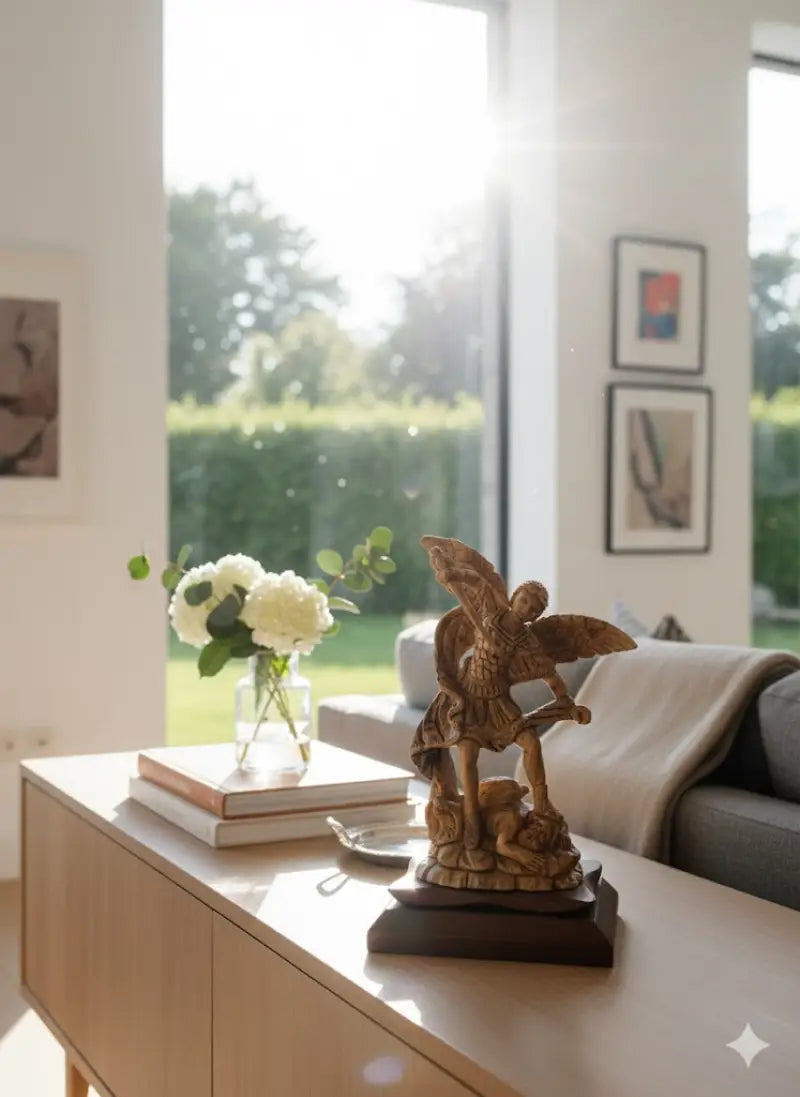 Hand carved olive wood st. Michael the archangel statue 11” | handmade bethlehem holy land christian sculpture - figures