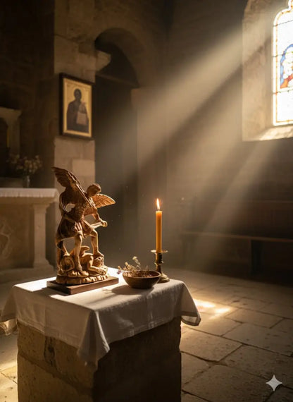 Hand carved olive wood st. Michael the archangel statue 11” | handmade bethlehem holy land christian sculpture - figures