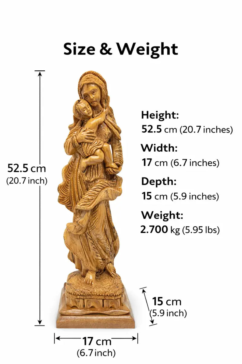 Hand carved olive wood virgin mary & baby jesus statue 20.7” | handmade holy land bethlehem sculpture - figures