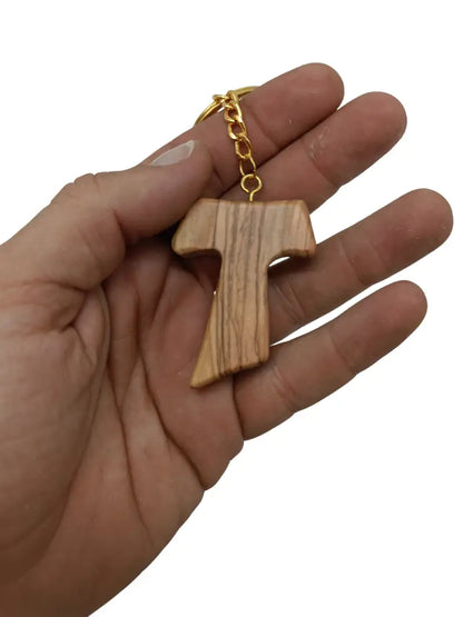 Hand crafted olive wood tau cross keychain – symbol of faith and protection keychain