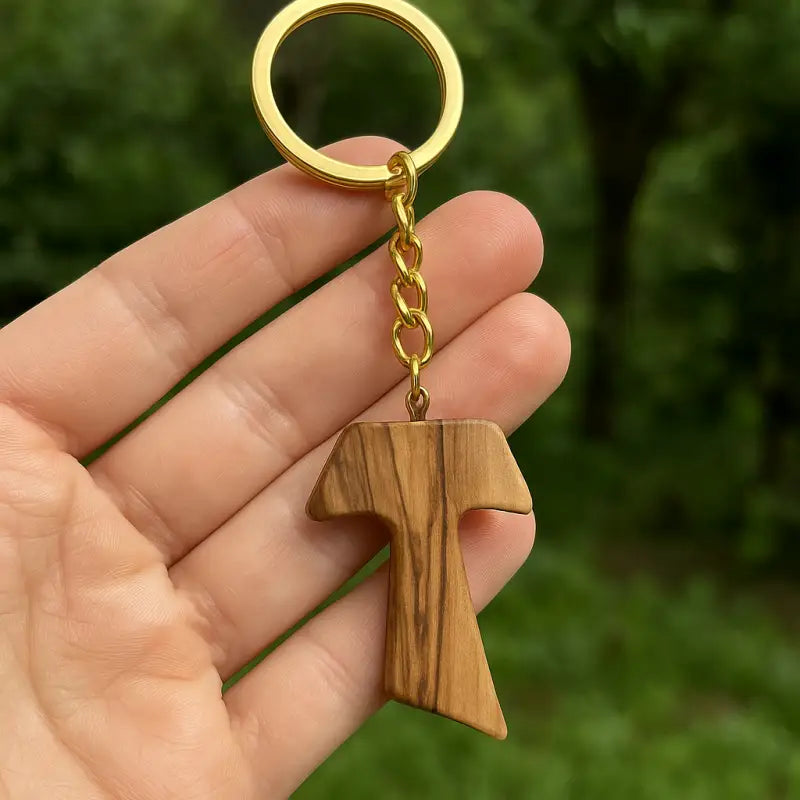Hand crafted olive wood tau cross keychain – symbol of faith and protection keychain