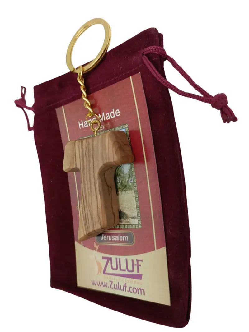 Hand crafted olive wood tau cross keychain – symbol of faith and protection keychain