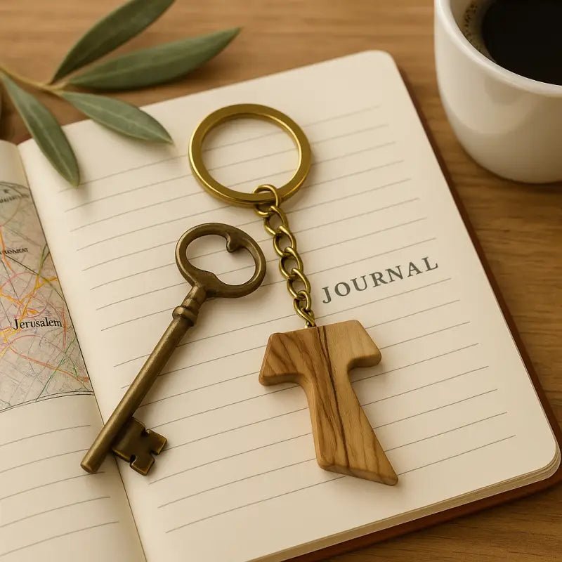 Hand crafted olive wood tau cross keychain – symbol of faith and protection keychain