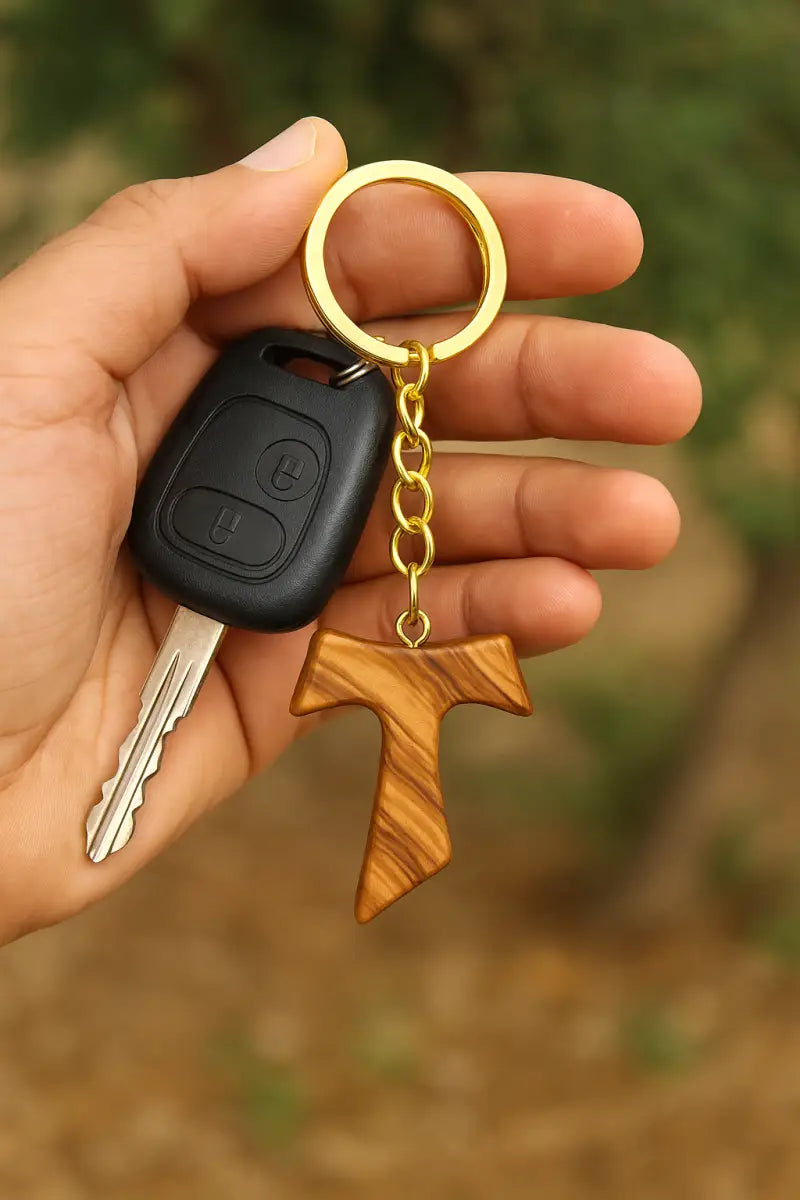 Hand crafted olive wood tau cross keychain – symbol of faith and protection keychain