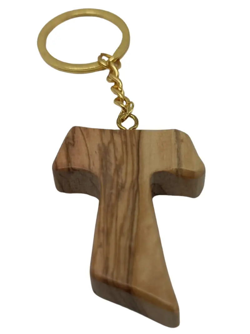 Hand crafted olive wood tau cross keychain – symbol of faith and protection keychain