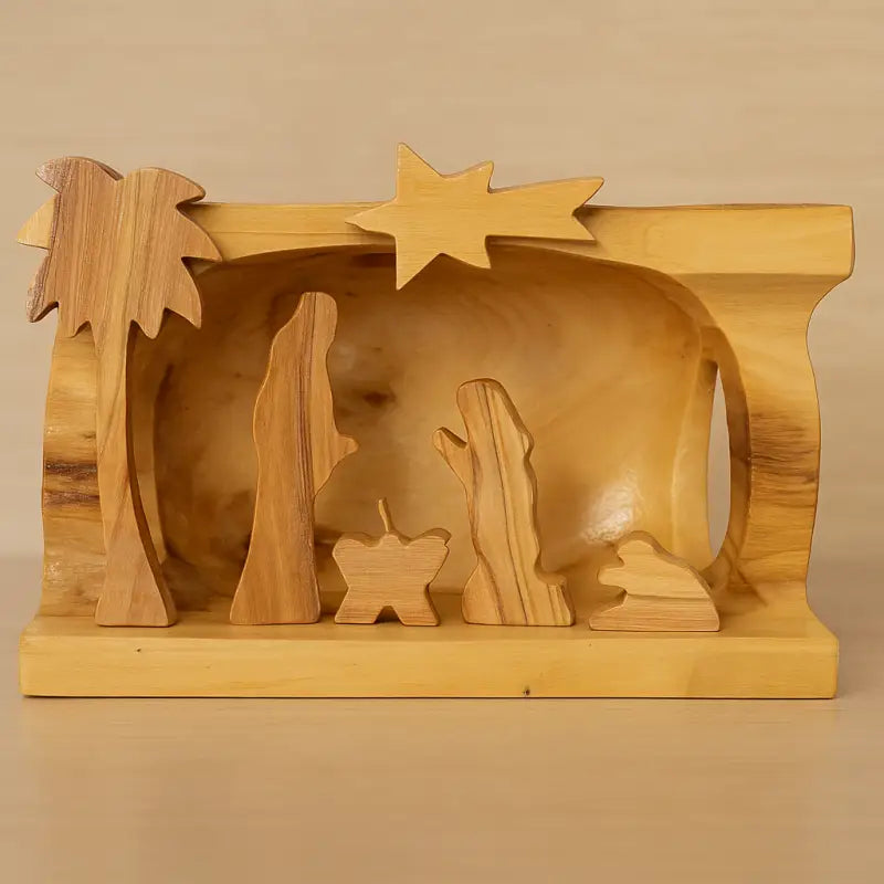 Hand made olive wood nativity scene – holy family in natural bark cave from bethlehem nativities