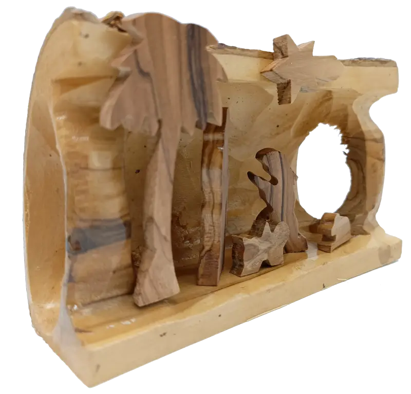 Hand made olive wood nativity scene – holy family in natural bark cave from bethlehem nativities