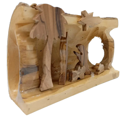 Hand made olive wood nativity scene – holy family in natural bark cave from bethlehem nativities